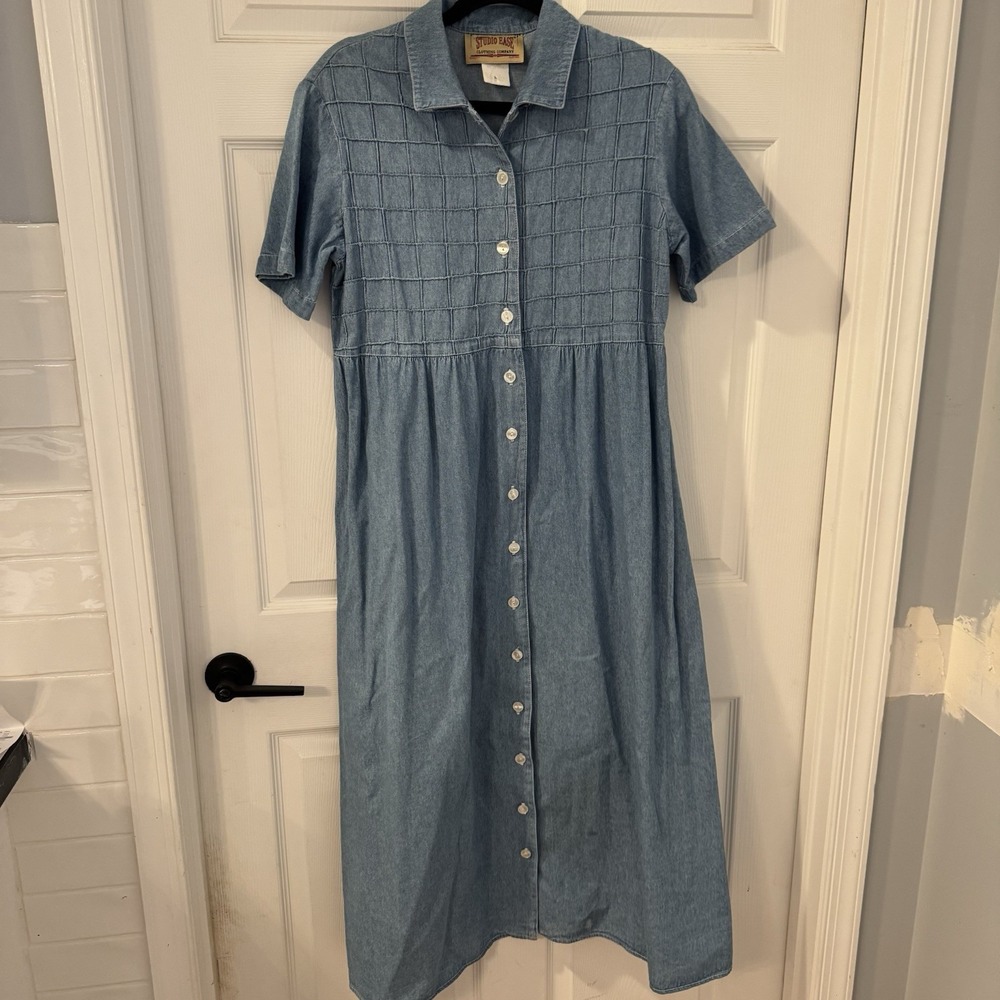 Vintage  Studio Ease Women's Sz S Denim Maxi Dress Buttons Gathered Waist‎